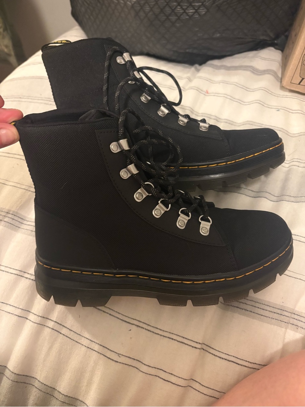 Dr. Martens Black Lace-Up Rugged Ankle Boots with Yellow Stitching
